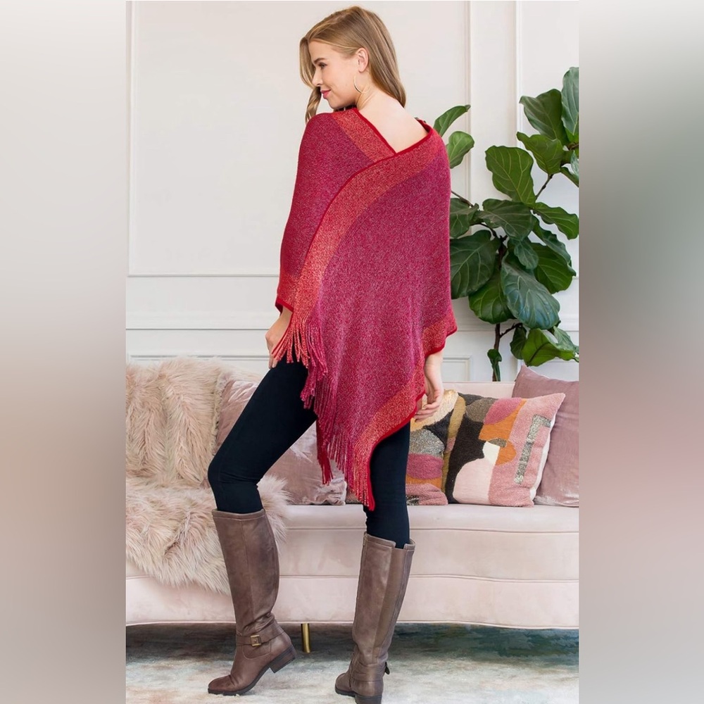 WOMENS ULTRA SOFT TWO TONE FRINGE PONCHO-RIAH FASHION ONE SIZE NEW - Picture 3 of 6